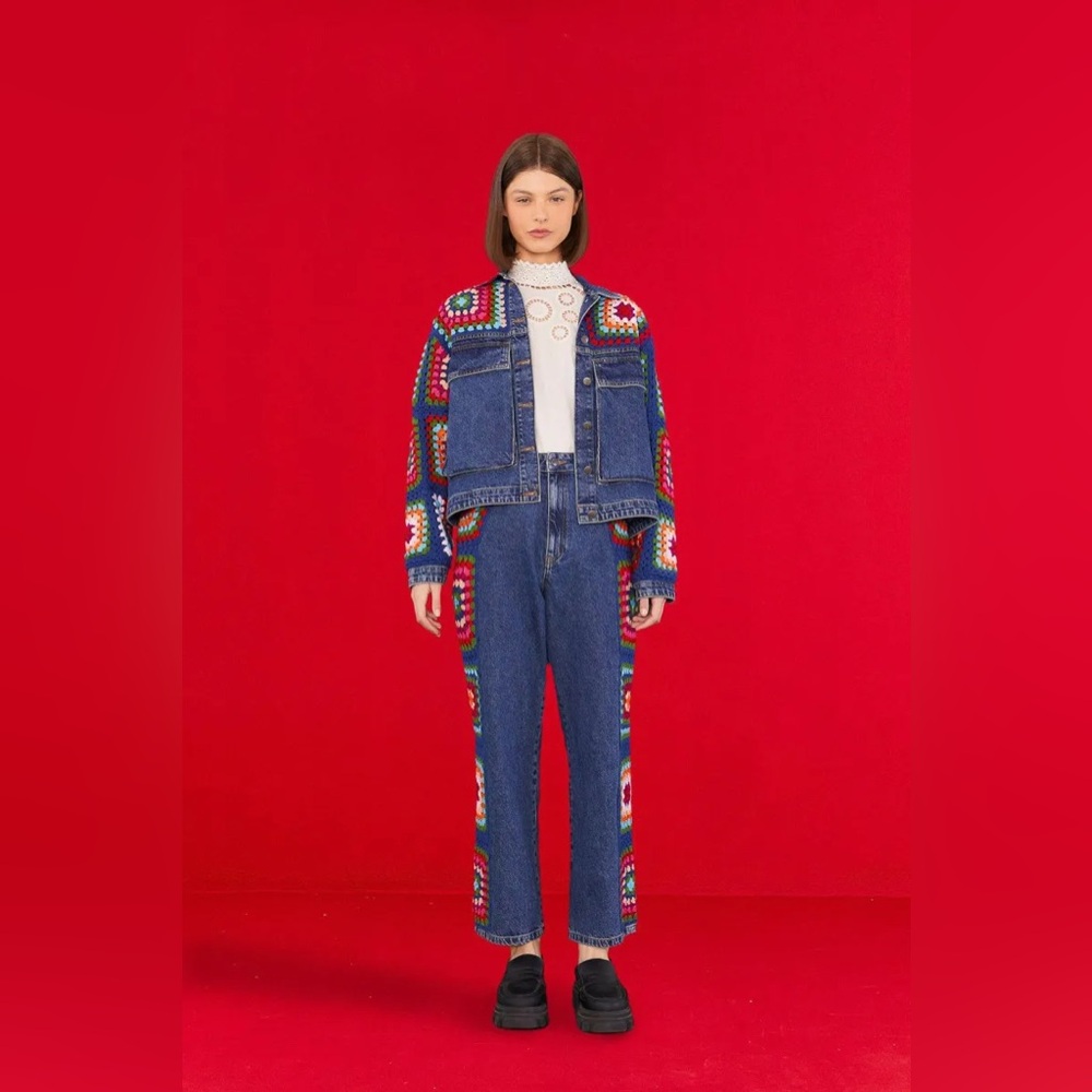 FARM Rio Two Piece Multicolor Crochet Denim Jacket and Matching Jeans Set
